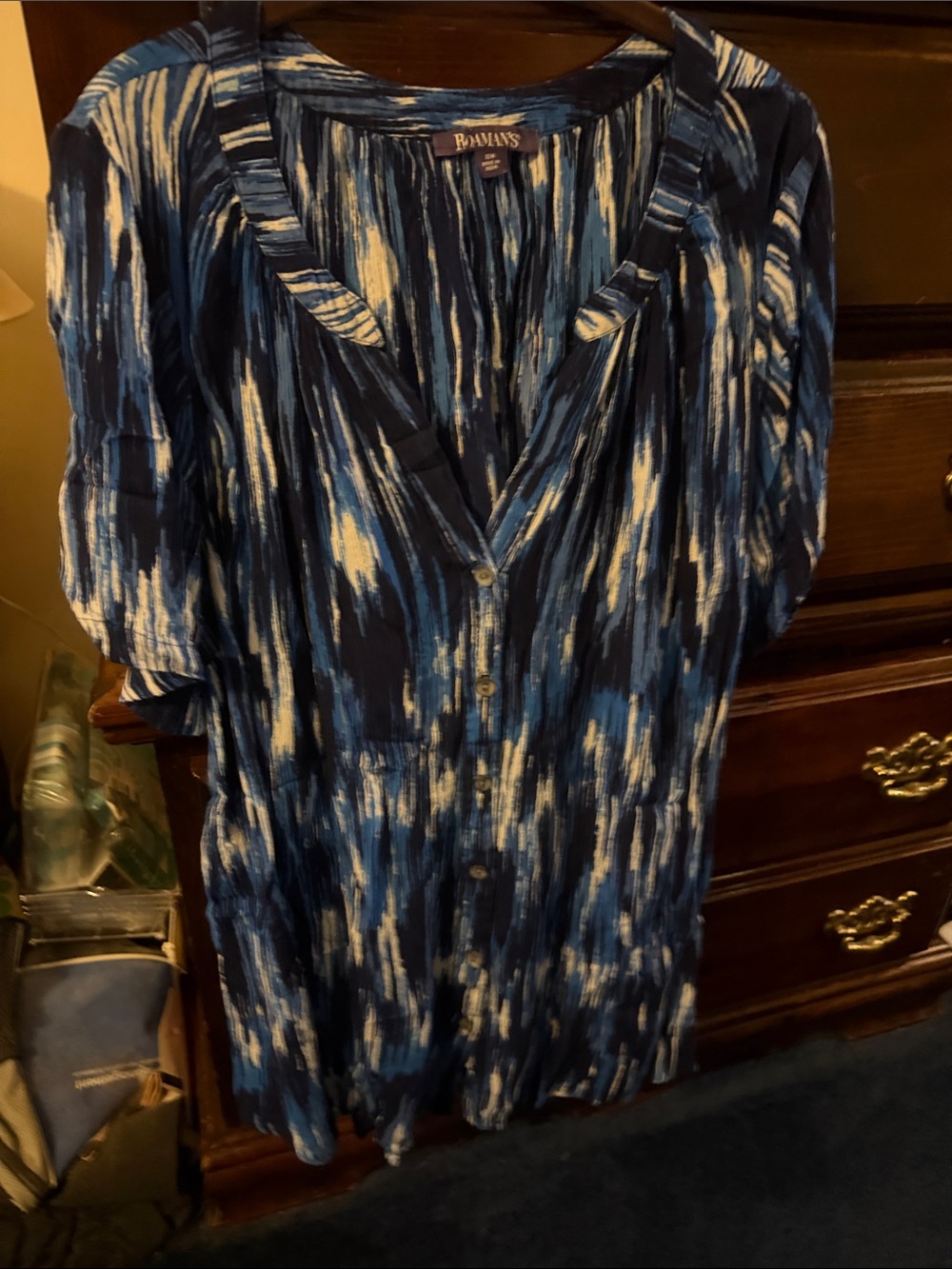 Roaman's Blue and White Brushstroke Button-Front Tunic